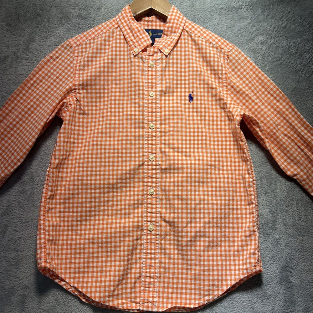 Ralph Lauren Shirt Boys 10-12 Orange Gingham Button Up Long Sleeve Dress Shirt